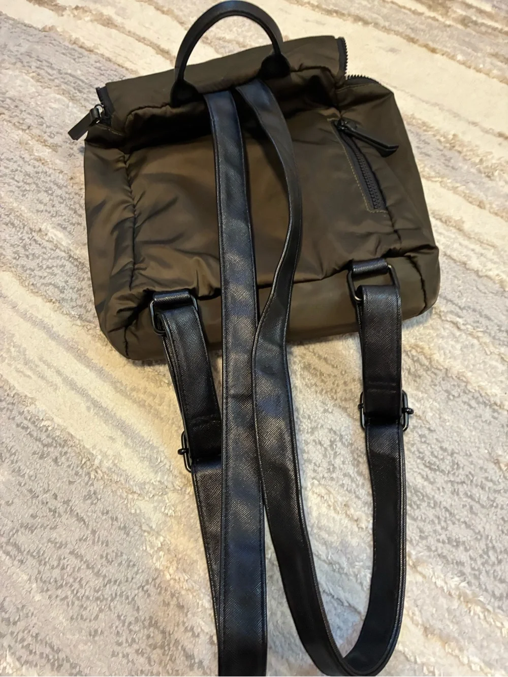 Mossimo Supply Co. nylon backpack olive green/brown. lightweight, leather straps